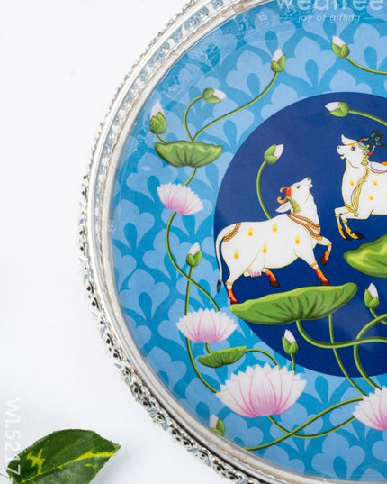 German Silver Pichwai Tray - Blue - 8 inch - WL5217-1 - German Silver Pooja Utility