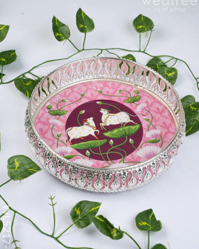 German Silver Pichwai Tray - Pink - 8 inch - WL5217-2 - German Silver Pooja Utility