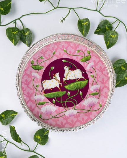 German Silver Pichwai Tray - Pink - 8 inch - WL5217-2 - German Silver Pooja Utility