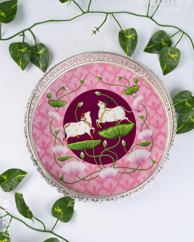 German Silver Pichwai Tray - Pink - 8 inch - WL5217-2 - German Silver Pooja Utility