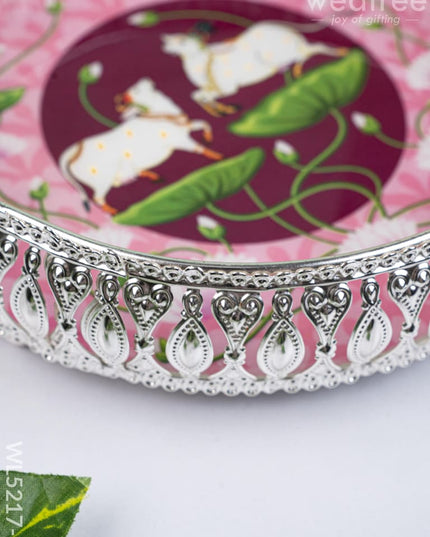 German Silver Pichwai Tray - Pink - 8 inch - WL5217-2 - German Silver Pooja Utility