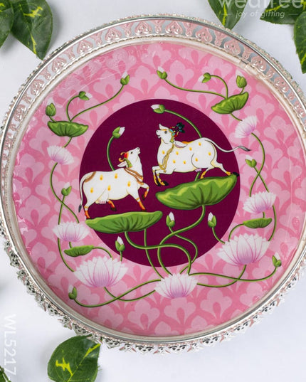 German Silver Pichwai Tray - Pink - 8 inch - WL5217-2 - German Silver Pooja Utility
