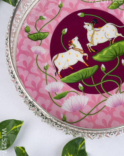 German Silver Pichwai Tray - Pink - 8 inch - WL5217-2 - German Silver Pooja Utility