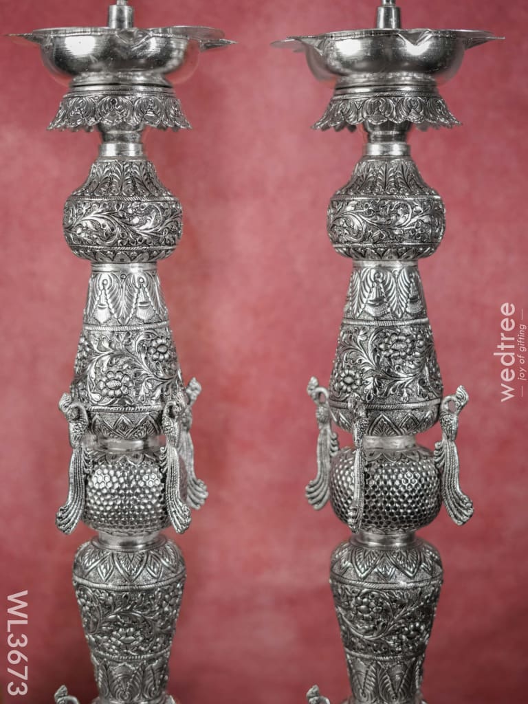 German Silver Shanku Chakra Kuthu Vilaku - Set Of 2 30 Inch Wl3673 Diyas