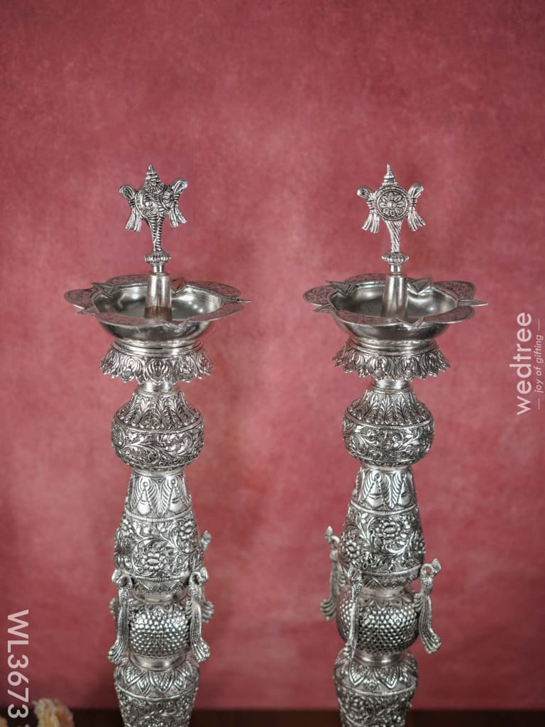 German Silver Shankh Chakra Kuthu Vilakku - Set Of 2 30 Inch Wl3673 Diyas