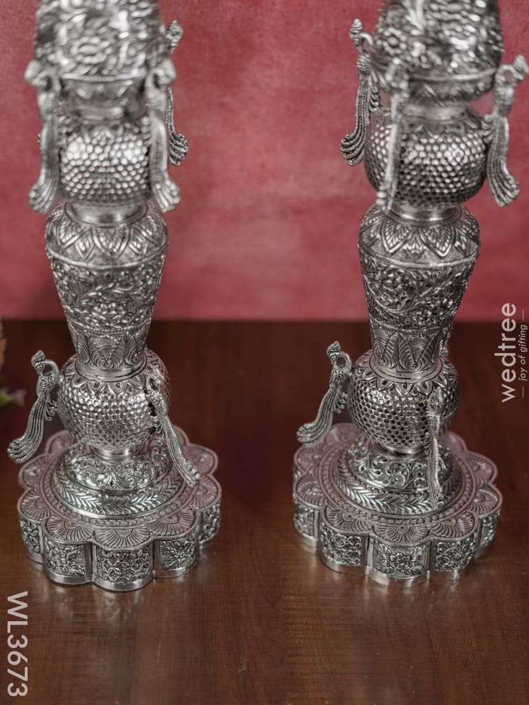 German Silver Shanku Chakra Kuthu Vilaku - Set Of 2 30 Inch Wl3673 Diyas