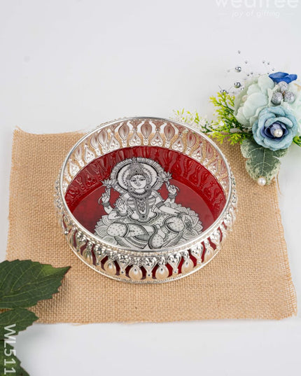 German Silver Tray with Madhubani Print - 6 inch - WL5118 - German Silver Pooja Utility