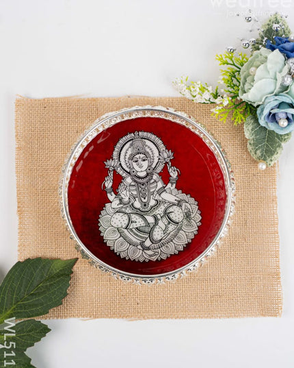 German Silver Tray with Madhubani Print - 6 inch - WL5118 - German Silver Pooja Utility