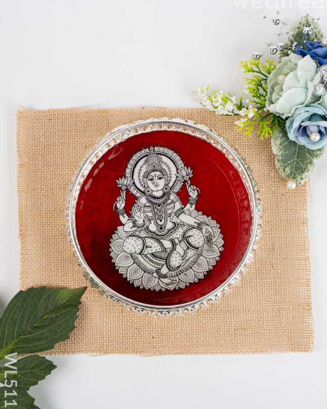German Silver Tray with Madhubani Print - 6 inch - WL5118 - German Silver Pooja Utility