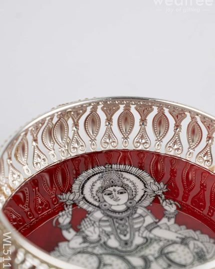 German Silver Tray with Madhubani Print - 6 inch - WL5118 - German Silver Pooja Utility