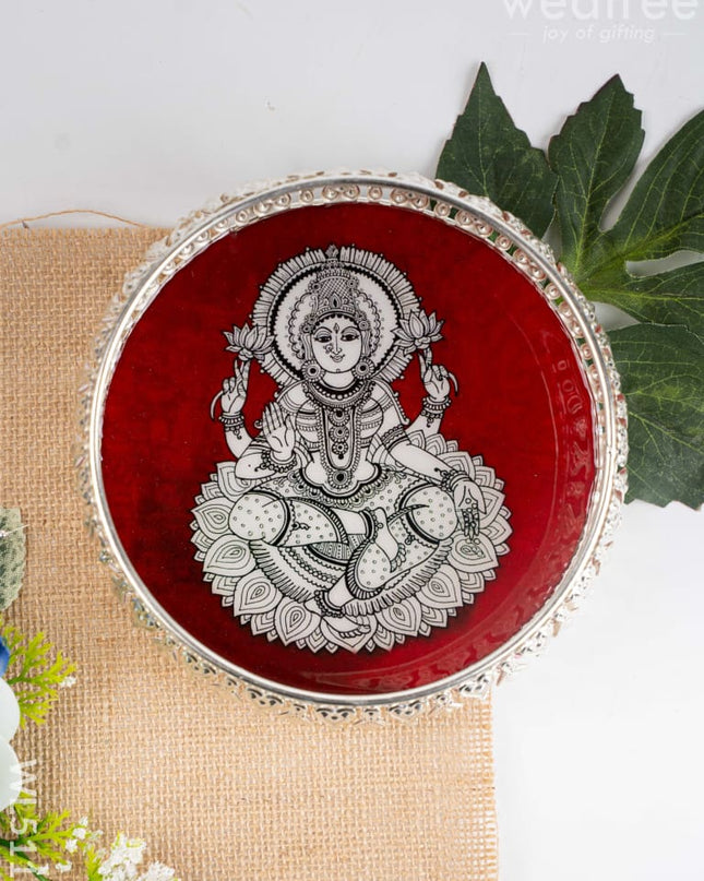 German Silver Tray with Madhubani Print - 6 inch - WL5118 - German Silver Pooja Utility