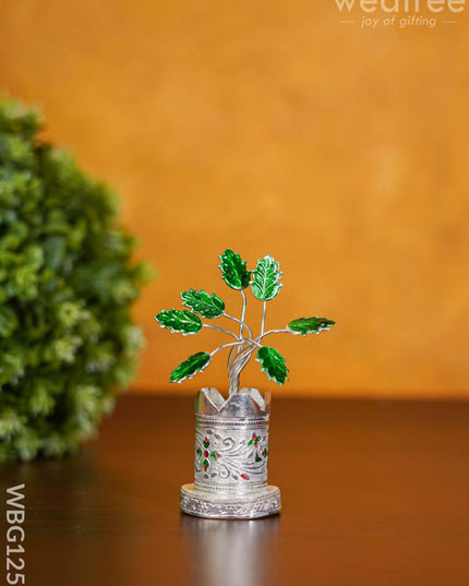 German Silver Tulasi Maadam With Green Leaves - Wbg1257 Pooja Utilities