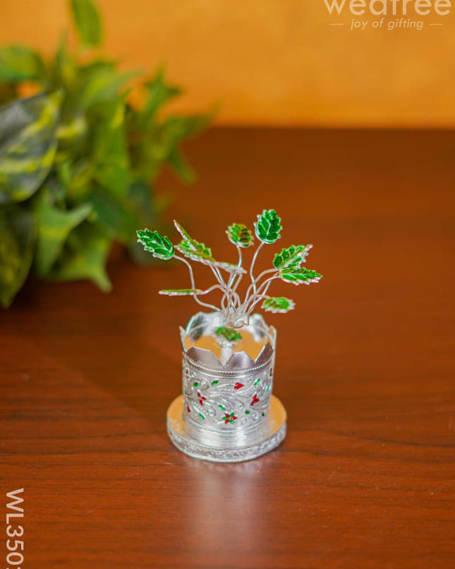 German Silver Tulasi Maadam With Green Leaves - 5 Inch Wl3501 Pooja Utility
