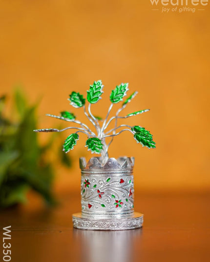 German Silver Tulasi Maadam With Green Leaves - 5 Inch Wl3501 Pooja Utility