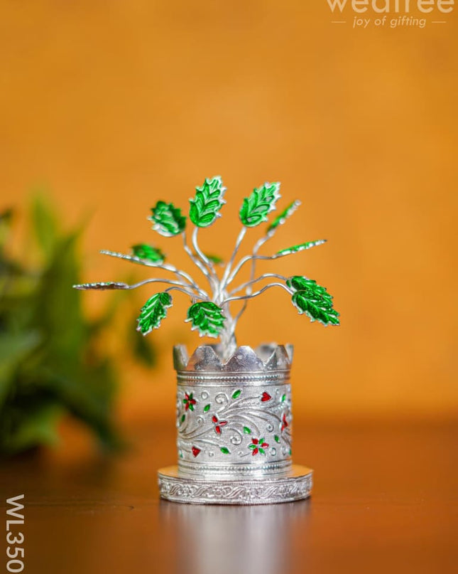 German Silver Tulasi Maadam With Green Leaves - 5 Inch Wl3501 Pooja Utility