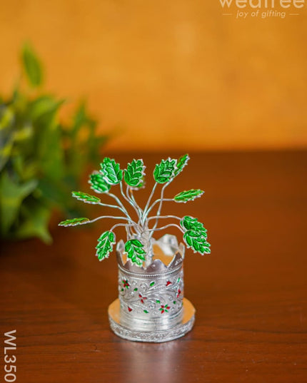 German Silver Tulasi Maadam With Green Leaves - 5 Inch Wl3501 Pooja Utility