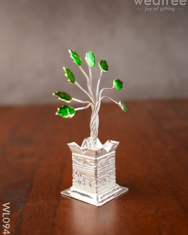 German Silver Tulasi Maadam with Green Leaves - WL0944 - German Silver Pooja Utility