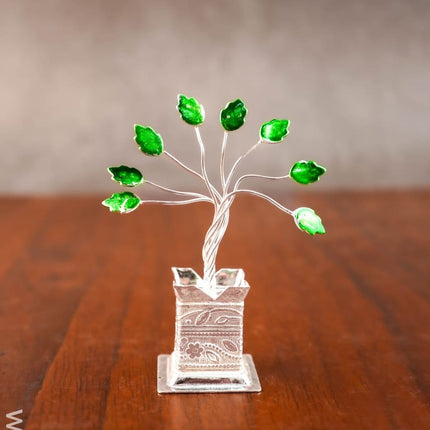 German Silver Tulasi Maadam with Green Leaves - WL0944 - German Silver Pooja Utility