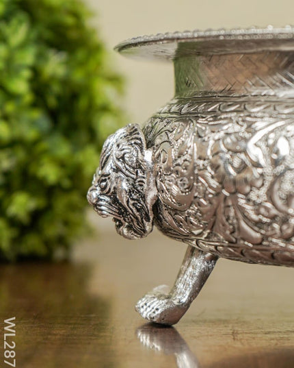 German Silver Antique Urli With Elephant Stand - 10 Inch Wl2875
