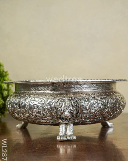 German Silver Antique Urli With Elephant Stand - 10 Inch Wl2875