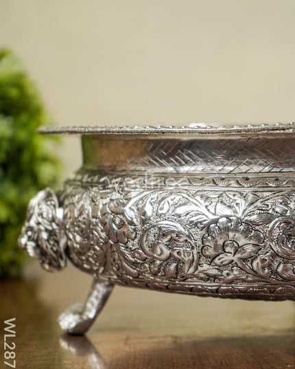 German Silver Antique Urli With Elephant Stand - 10 Inch Wl2875