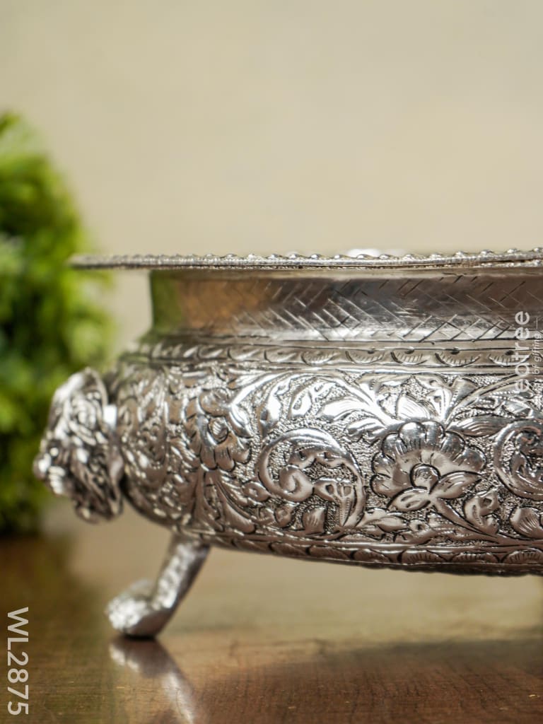 German Silver Antique Urli With Elephant Stand - 10 Inch Wl2875