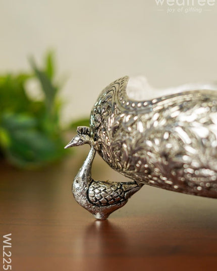 German Silver Urli With Peacock Stand - Antique Finish 8 Inch Wl2251