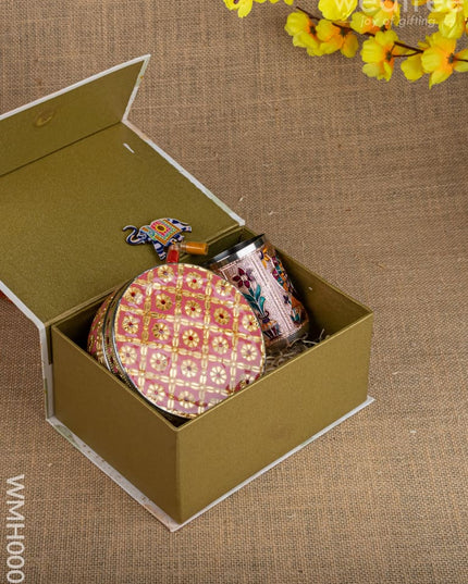 Gift Hamper - Meenakari Glass with Poori Box and Haldi Kumkum Set - WMH0006 - Hampers