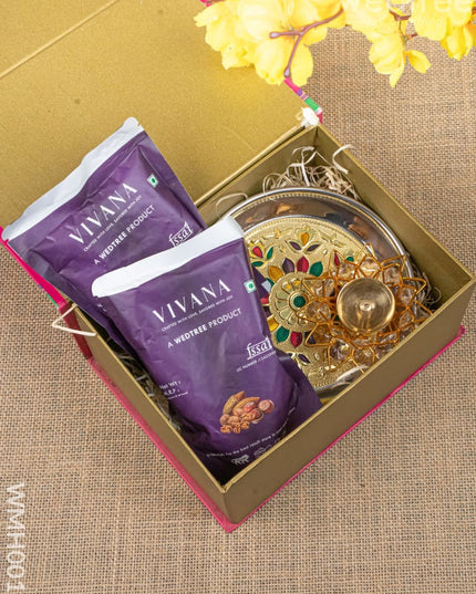 Gift Hamper - Meenakari Plate with Crystal Diya and Cashews - WMH0018 - Hampers