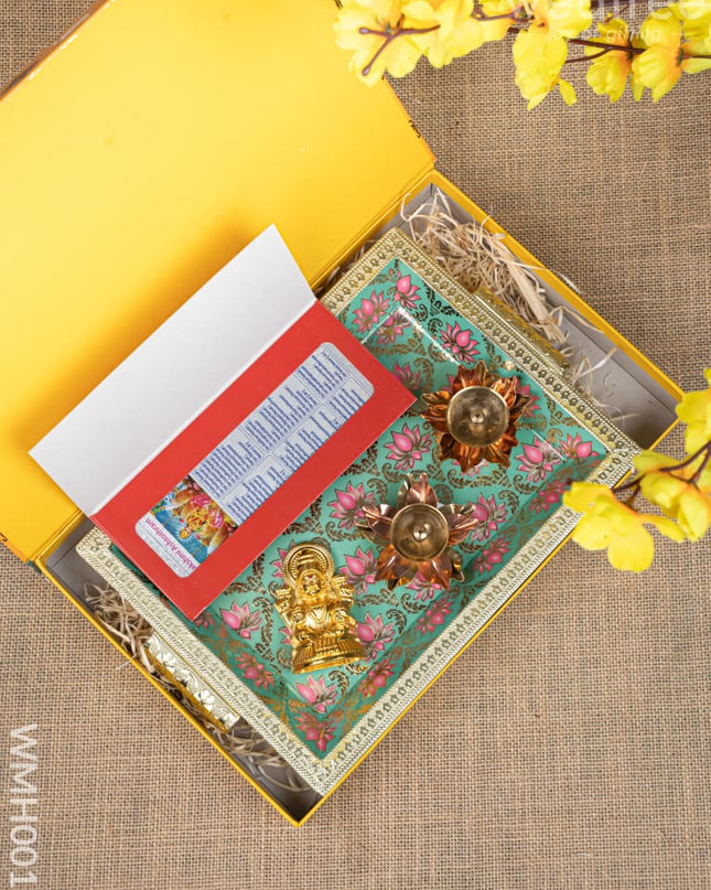 Gift Hamper - Meenakari Tray with Lakshmi Idol Foil Card and Flower Diya - WMH0017 - Hampers