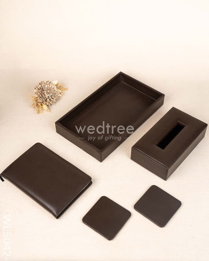 Gift Set - Leather Tray with Diary Coaster Set & Tissue Box - Brown - WL5042-1