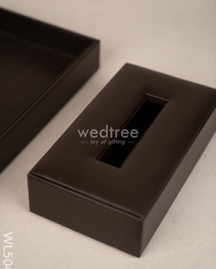 Gift Set - Leather Tray with Diary Coaster Set & Tissue Box - Brown - WL5042-1