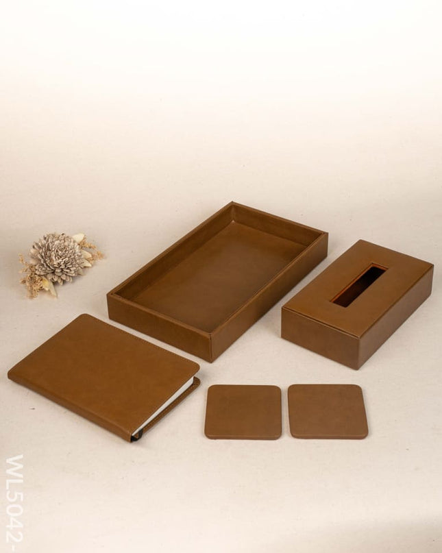 Gift Set - Leather Tray with Diary Coaster Set & Tissue Box - Tan - WL5042-2