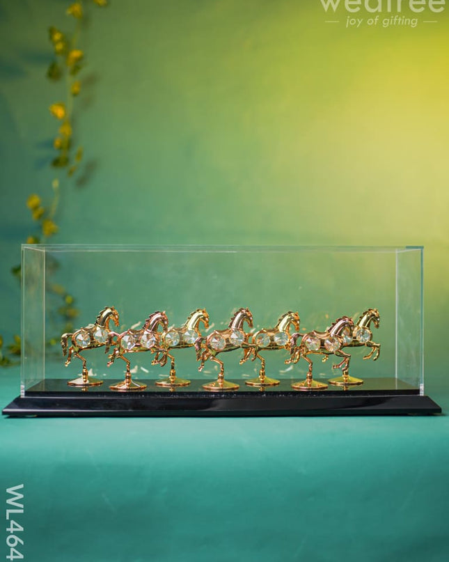 Gold Plated 7 Running Horses With Acrylic Cabinet - Wl4648