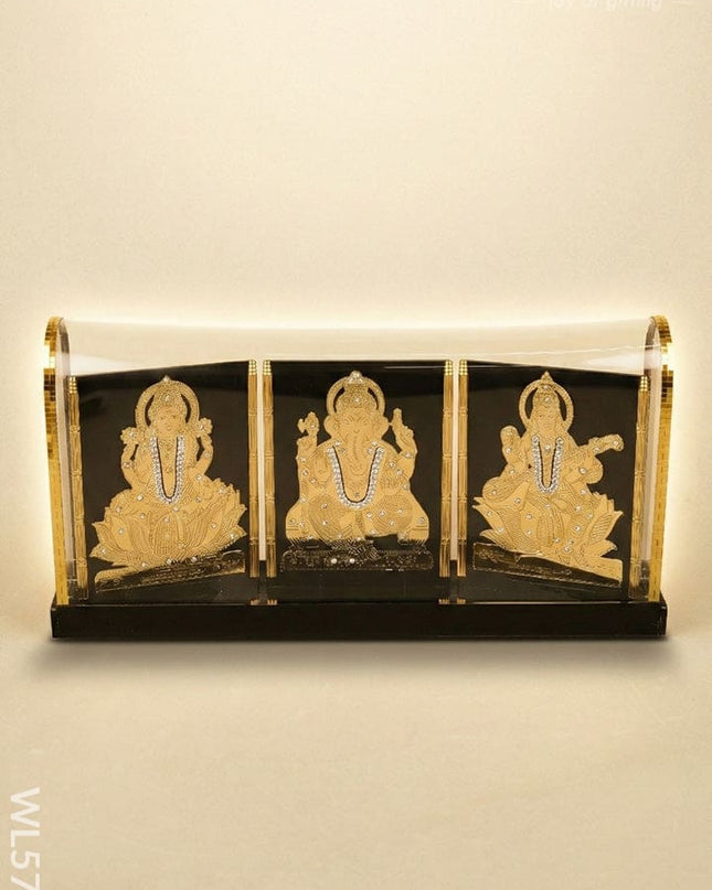 Gold Plated - Ganesha Lakshmi Sarawathi with Arcylic Cabinet - WL5720 - Gold Plated