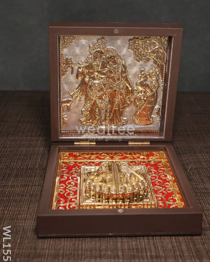 Gold Plated Paduka Prayer Box Small -Radhe Krishna With Peacock - Wl1551