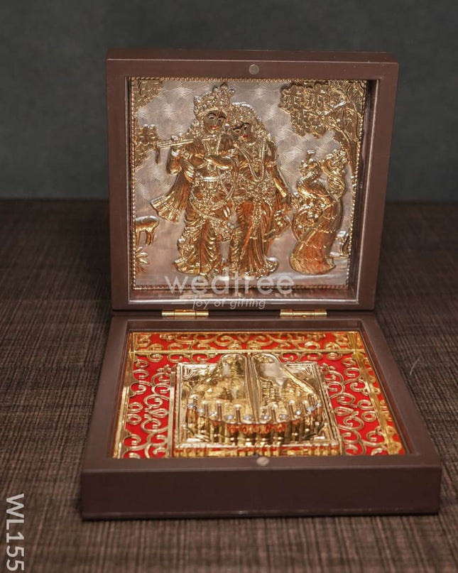 Gold Plated Paduka Prayer Box Small -Radhe Krishna With Peacock - Wl1551