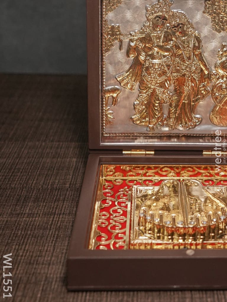 Gold Plated Paduka Prayer Box Small -Radhe Krishna With Peacock - Wl1551