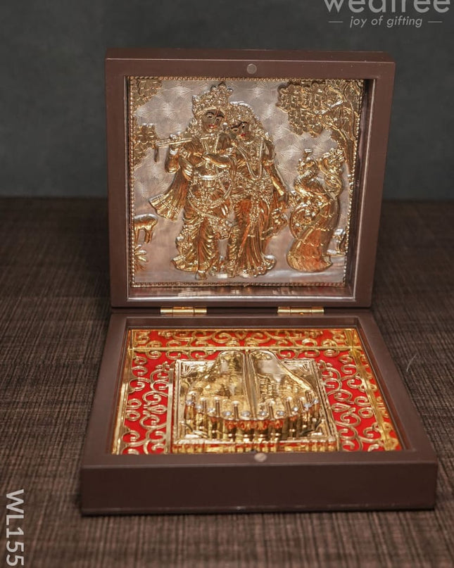 Gold Plated Paduka Prayer Box Small -Radhe Krishna With Peacock - Wl1551