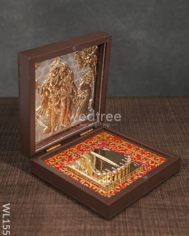Gold Plated Paduka Prayer Box Small -Radhe Krishna With Peacock - Wl1551