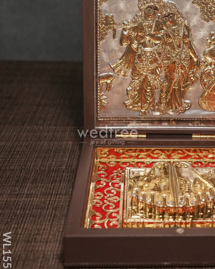 Gold Plated Paduka Prayer Box Small -Radhe Krishna With Peacock - Wl1551