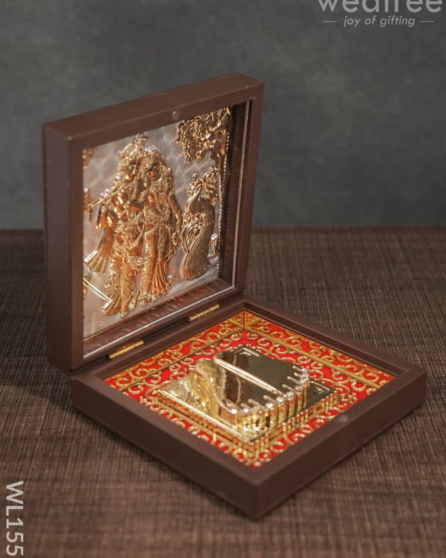 Gold Plated Paduka Prayer Box Small -Radhe Krishna With Peacock - Wl1551