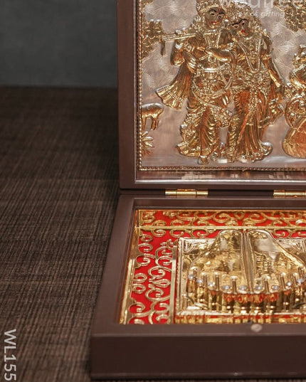 Gold Plated Paduka Prayer Box Small -Radhe Krishna With Peacock - Wl1551