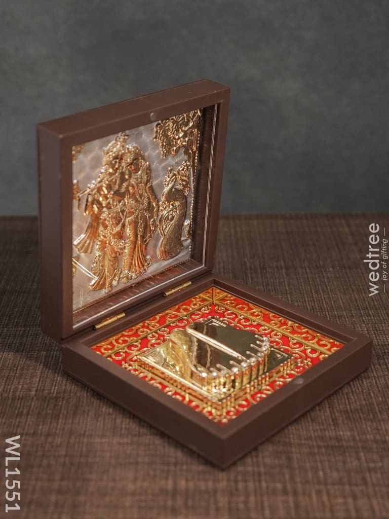 Gold Plated Paduka Prayer Box Small -Radhe Krishna With Peacock - Wl1551