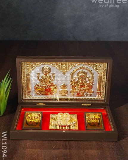 Gold Plated Prayer Box Large - Wl1094 Lakshmi Ganesha Paduka