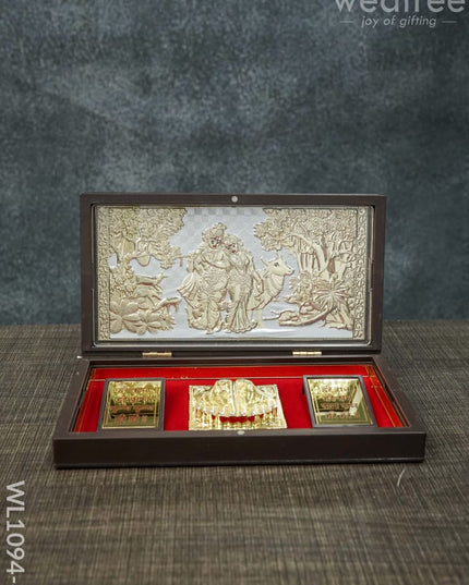 Gold Plated Prayer Box Large - Wl1094 Radhekrishna With Cow Paduka