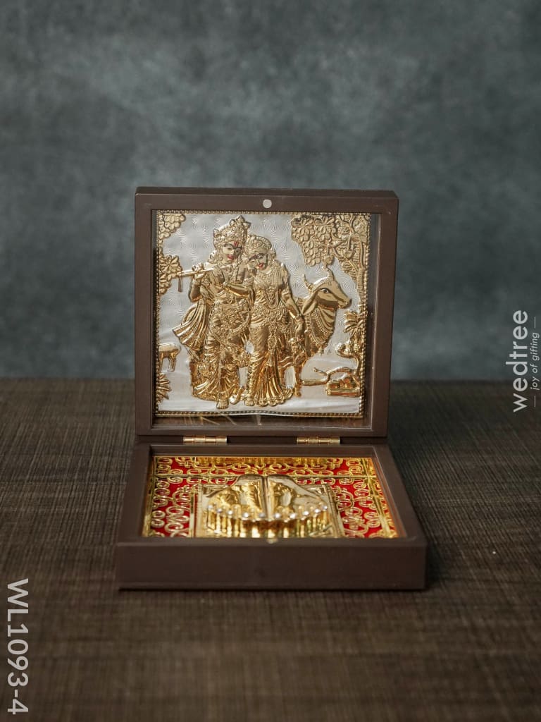 Gold Plated Prayer Box Small - Wl1093 Radhekrishna With Cow Paduka