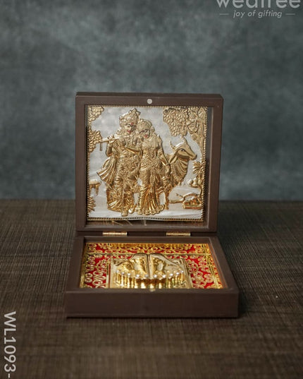 Gold Plated Prayer Box Small - Wl1093 Radhekrishna With Cow Paduka