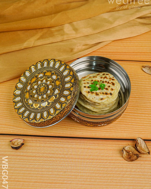 Gold White Oxidised Poori Box - 4 inches - WBG0472 - Utensils RG