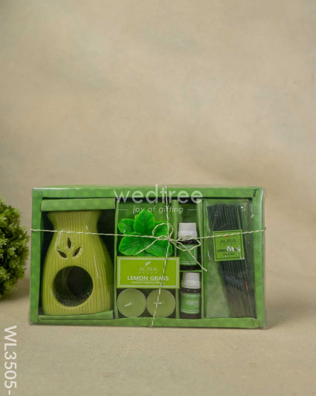 Blue Pottery Diffuser Candle Holder With Lemon Grass Oil And Incense Sticks - Wl3505-3 Candles &